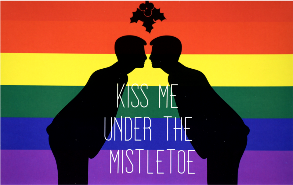 Two Men Kissing Under Mistletoe