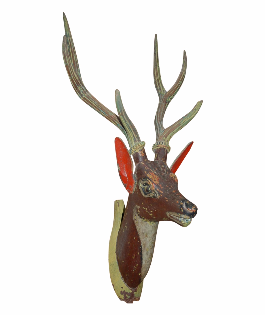 Early Fine Carved Wood Painted Deer Head Wall