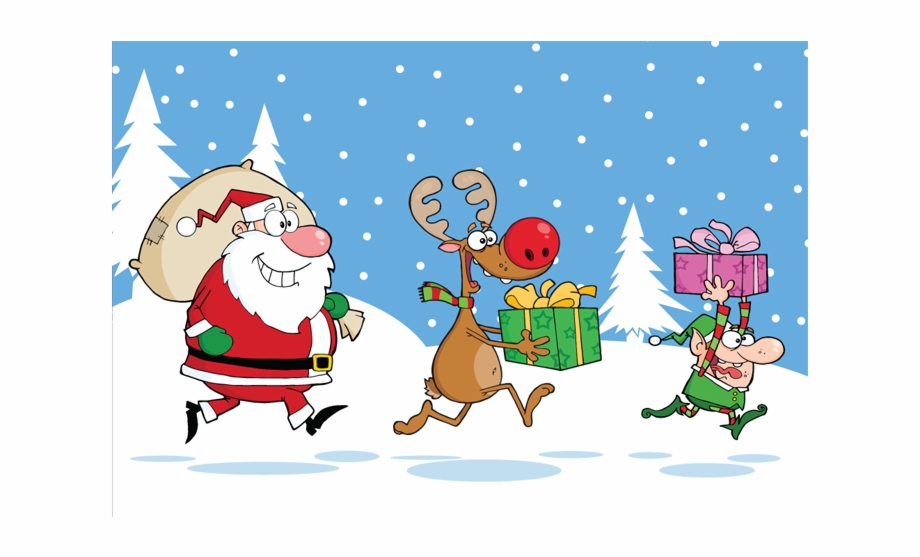 Reindeer Elf And Santa Claus Carrying Christmas Santa