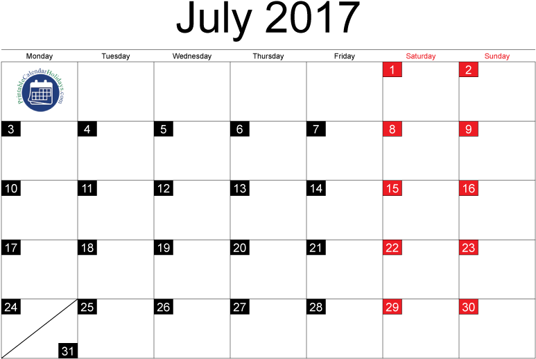July 2017 Calendar Printable 178897 Days In May