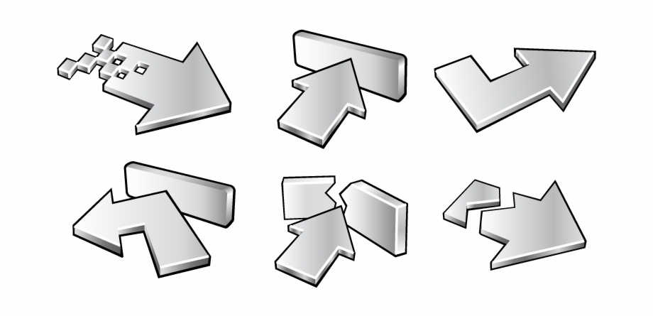 Six Silver Metallic 3D Arrow Icons In Vector