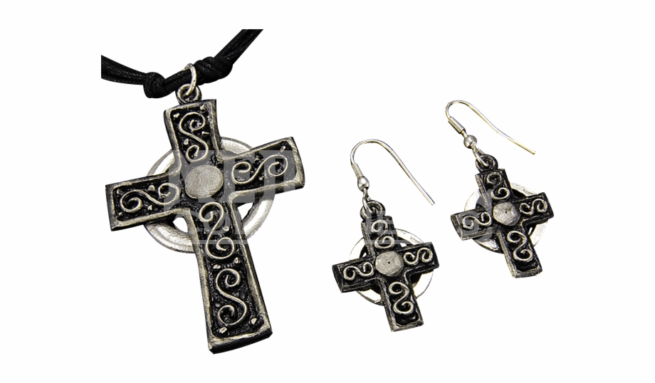Antique Silver Cross Necklace And Earring Set Cross