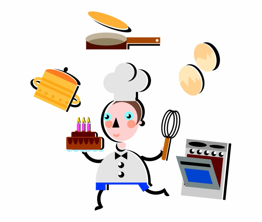 Vector Illustration Of Pastry Chef Bakes Birthday Cake