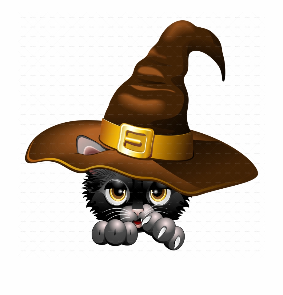 Black Kitten Cartoon With Witch Hat Halloween Black