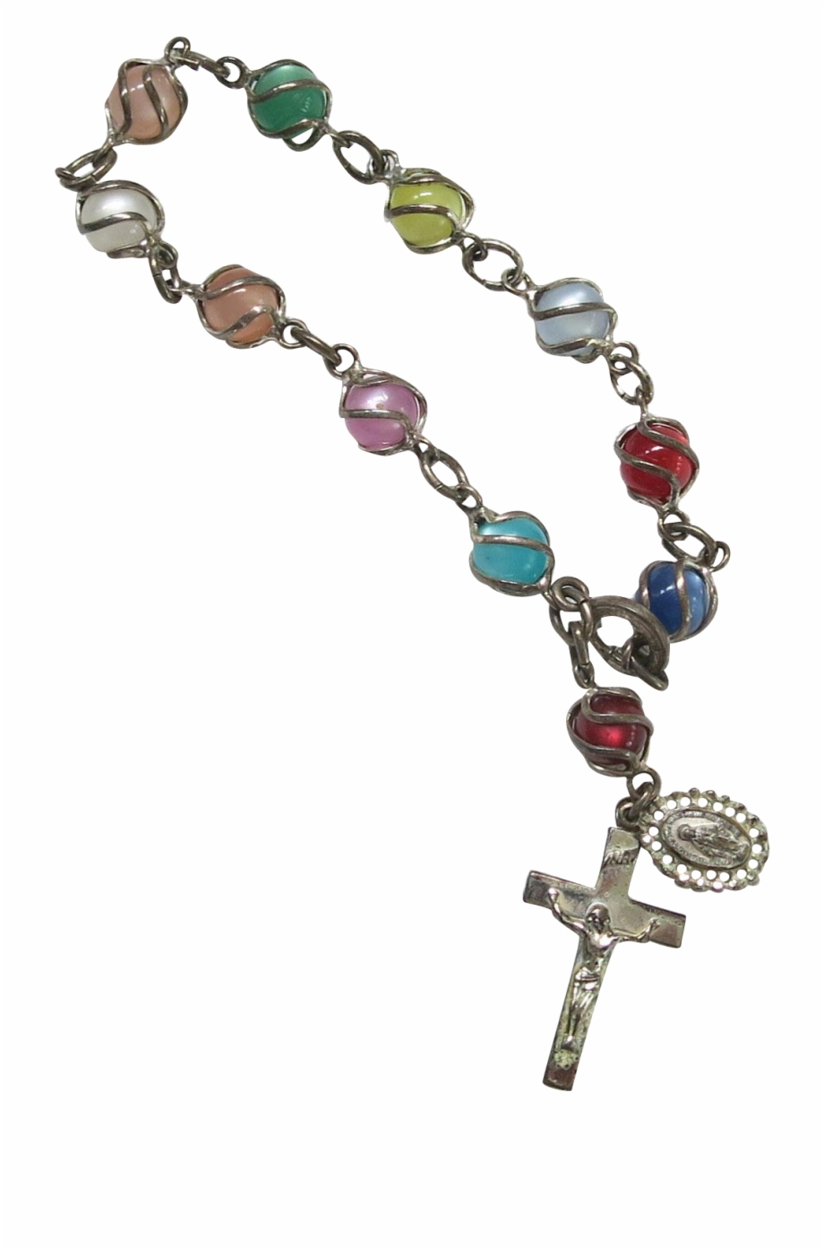 Sterling Caged Moonglow Lucite Rosary Bracelet Ss Vintage