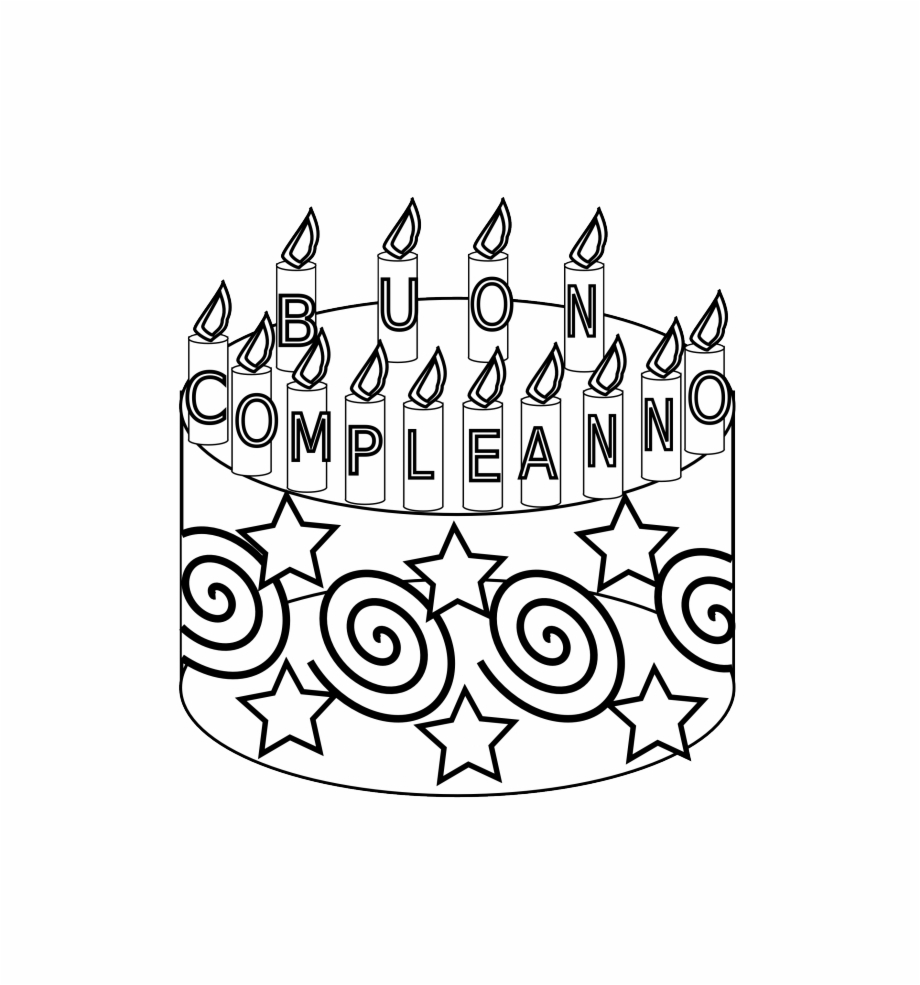 Compleanno Happy Birthday Cake Black White Line Art