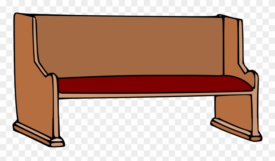 Brown wooden church bench with red cushion, simple illustration