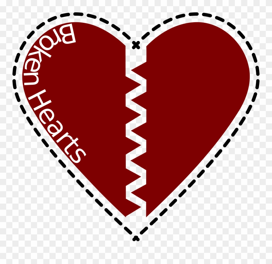 A red broken heart with a jagged tear down the middle, outlined with a dashed black line, and the words "Broken Hearts" written in white along the left side.