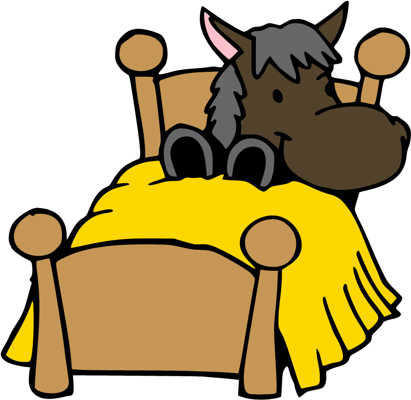 A cartoon horse with a gray mane and pink ears is lying in a wooden bed with a yellow blanket.