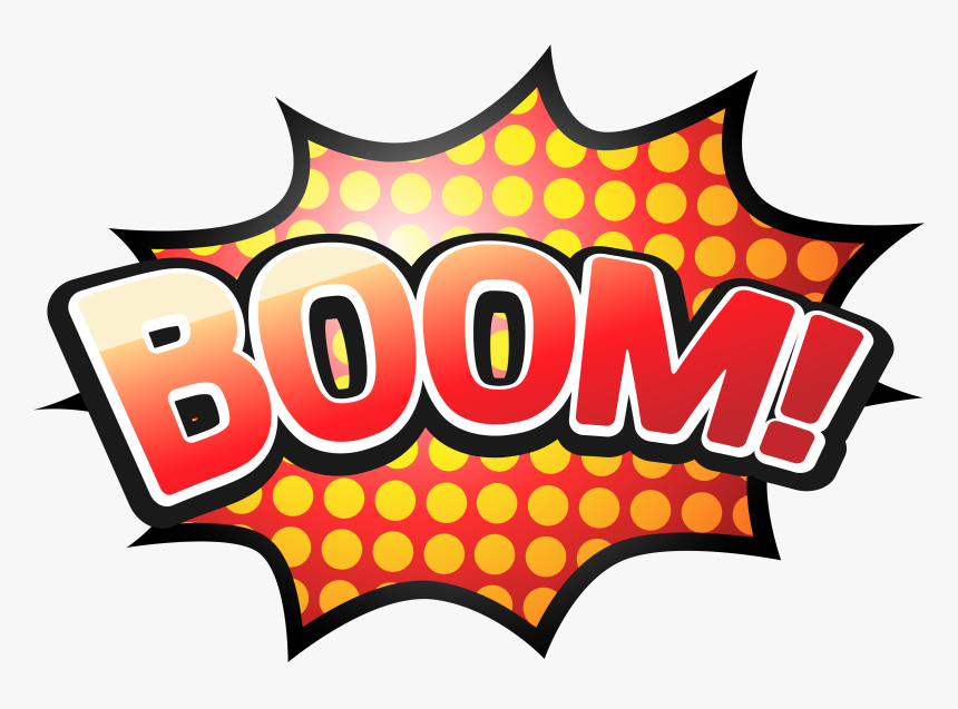 A comic book-style explosion graphic with the word "BOOM!" in bold red letters on a red and yellow polka-dotted background.