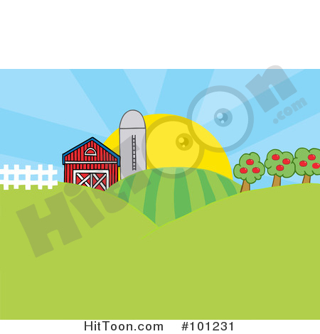 A colorful cartoon farm scene with a red barn, white silo, green rolling hills, apple trees, and a bright yellow sun in a blue sky.
