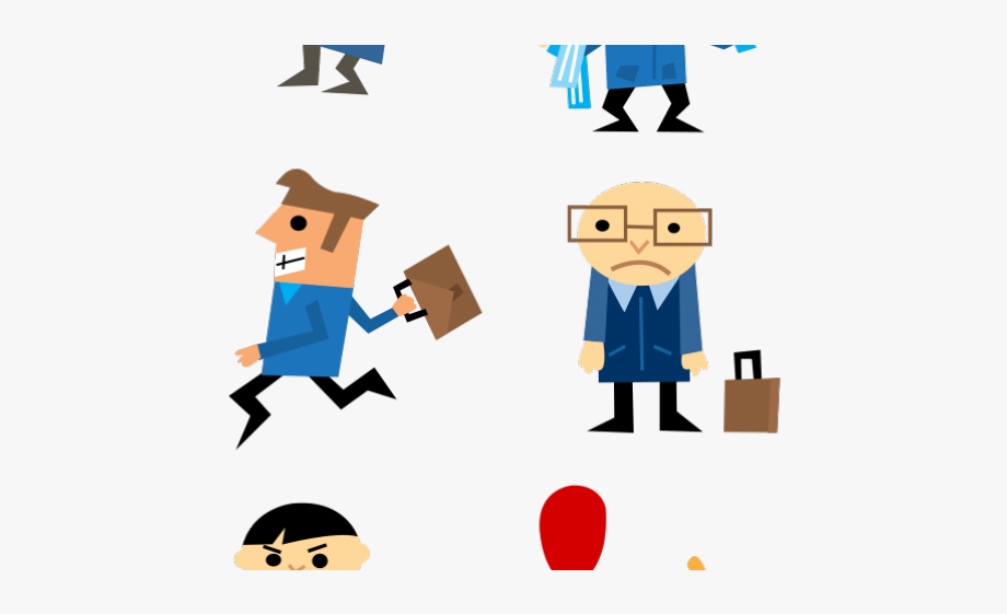Cartoon illustration of a businessman running with a briefcase, a man with glasses holding a bag, and other partial figures.