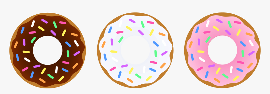 Three colorful donuts with chocolate, white, and pink frosting and multicolored sprinkles.