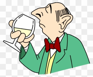 A cartoon man in a green suit and red bow tie smelling white wine from a glass.