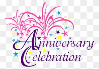 Colorful fireworks and stars with the text "Anniversary Celebration" in elegant purple script.