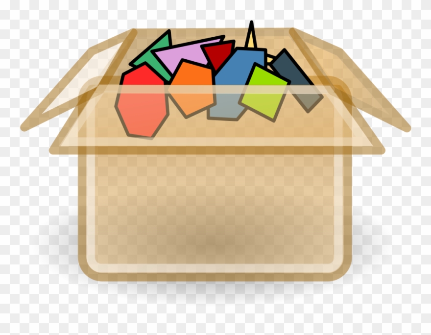 Open cardboard box filled with colorful geometric shapes