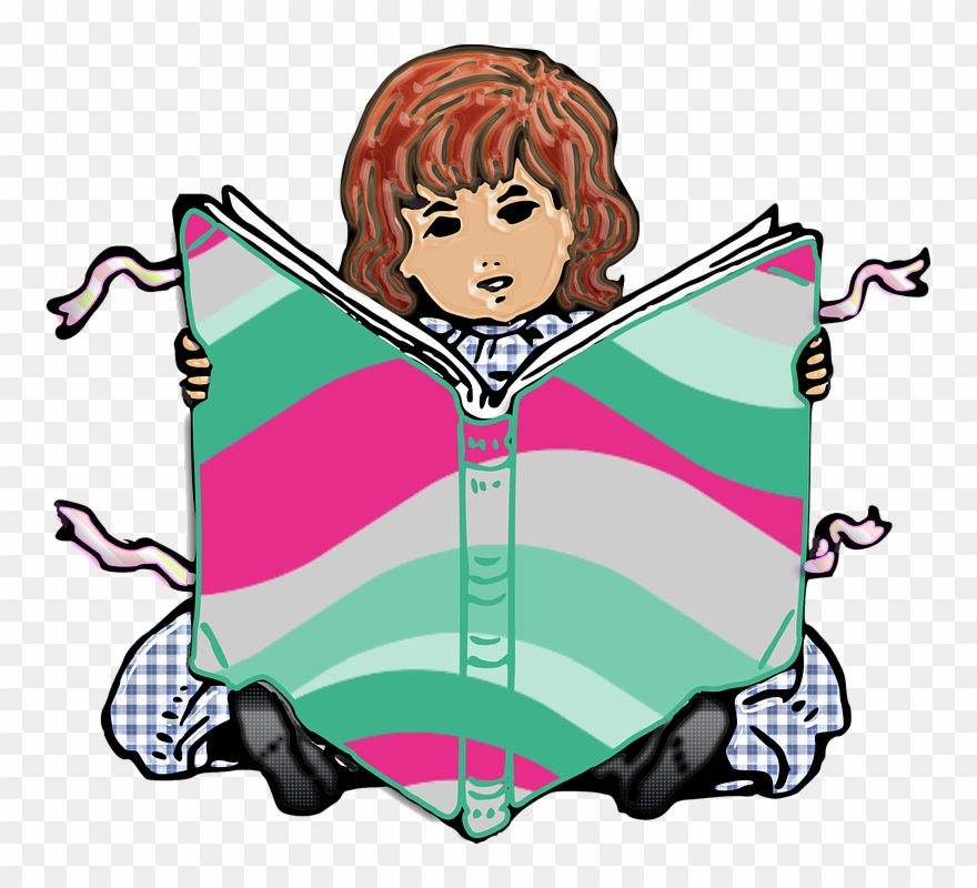A cartoon child with red hair reading a colorful book with pink, green, and gray stripes.
