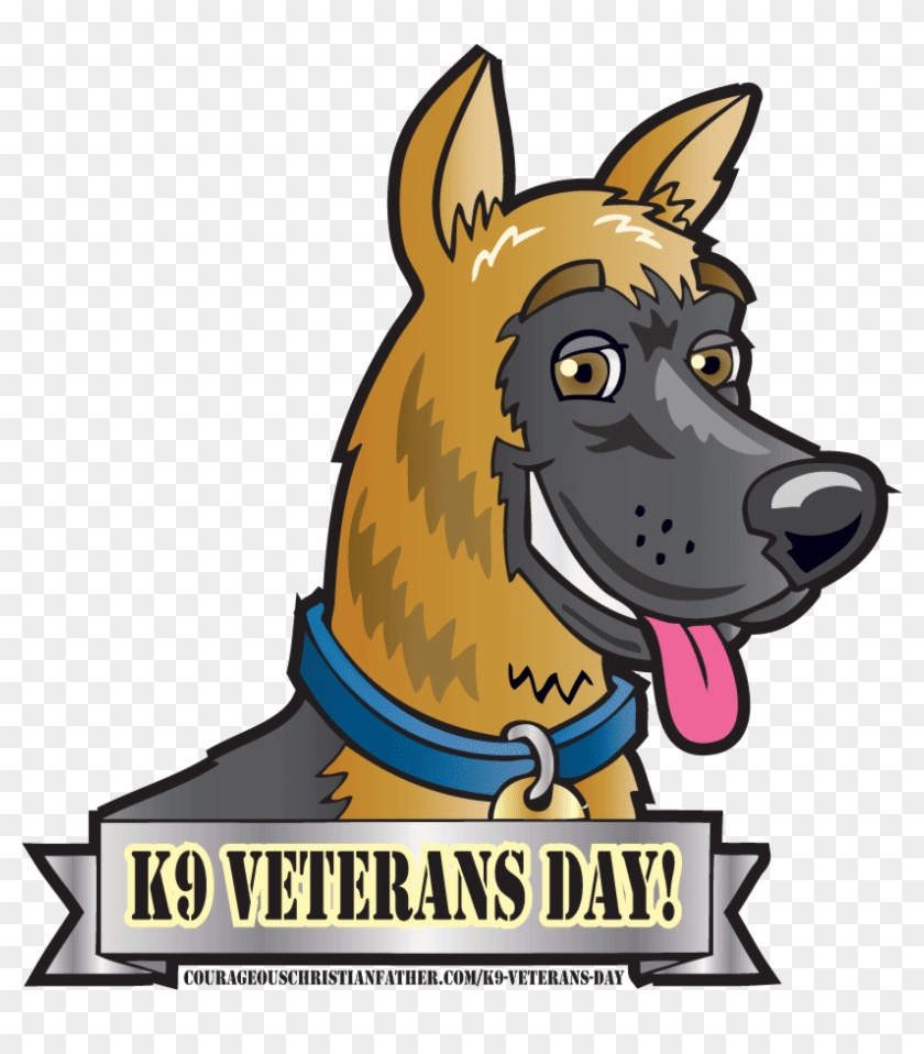 A cartoon illustration of a German Shepherd dog with a blue collar and tongue out, with a banner below reading "K9 VETERANS DAY!" and a website URL.