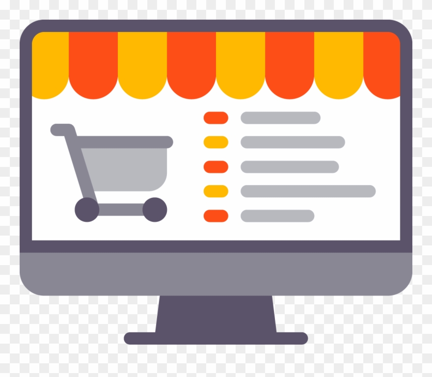 Computer monitor displaying a shopping cart icon and a storefront awning, representing online shopping or e-commerce.