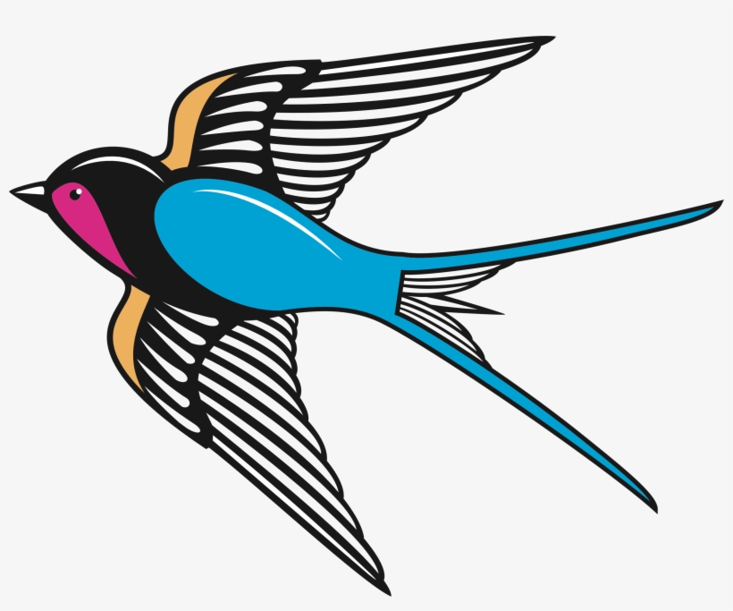 A colorful illustration of a flying bird with blue body, black wings with white stripes, pink face, and long tail feathers.