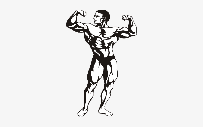 Black and white illustration of a muscular man flexing his biceps.
