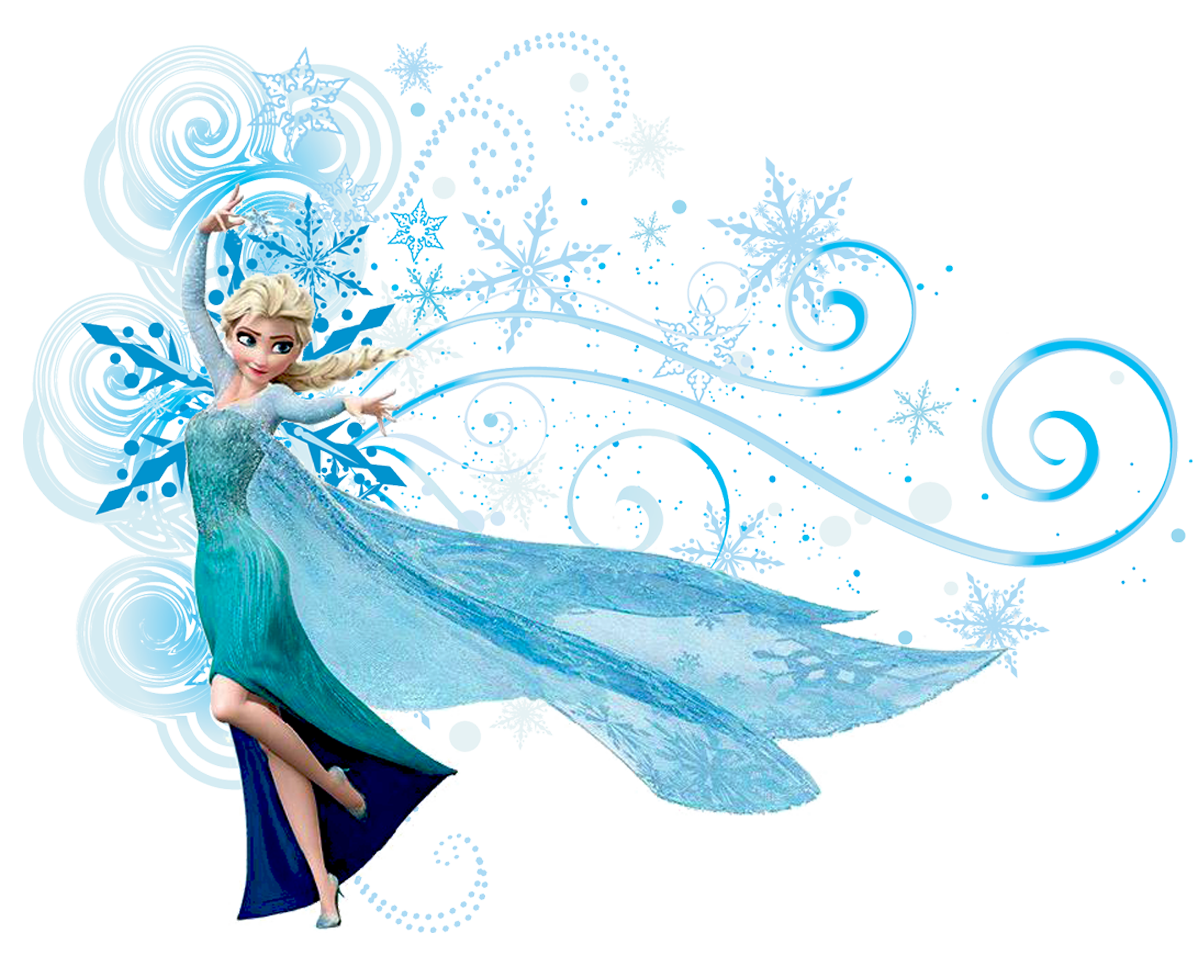 Elsa from Frozen in a flowing blue gown, surrounded by snowflakes and icy swirls, performing a graceful dance pose.