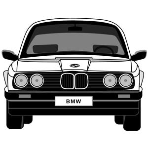 Front view of a classic BMW car with a black and white illustration style.