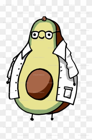 A cartoon avocado character wearing glasses and a white lab coat, standing with a friendly expression.
