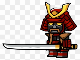 Cartoon samurai warrior in red and gold armor holding a sword