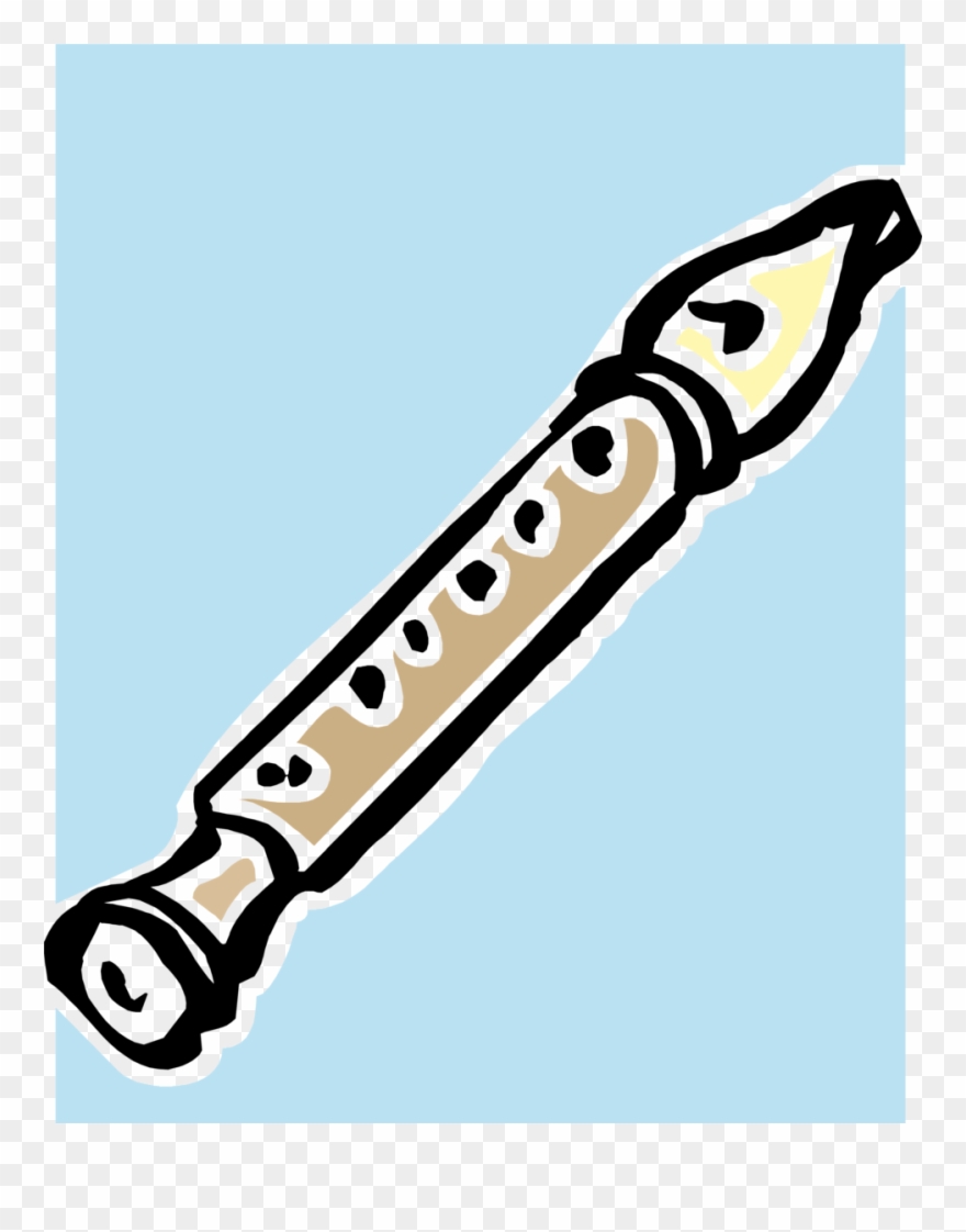 Cartoon illustration of a wooden recorder flute with black keys and a yellow mouthpiece on a light blue background.