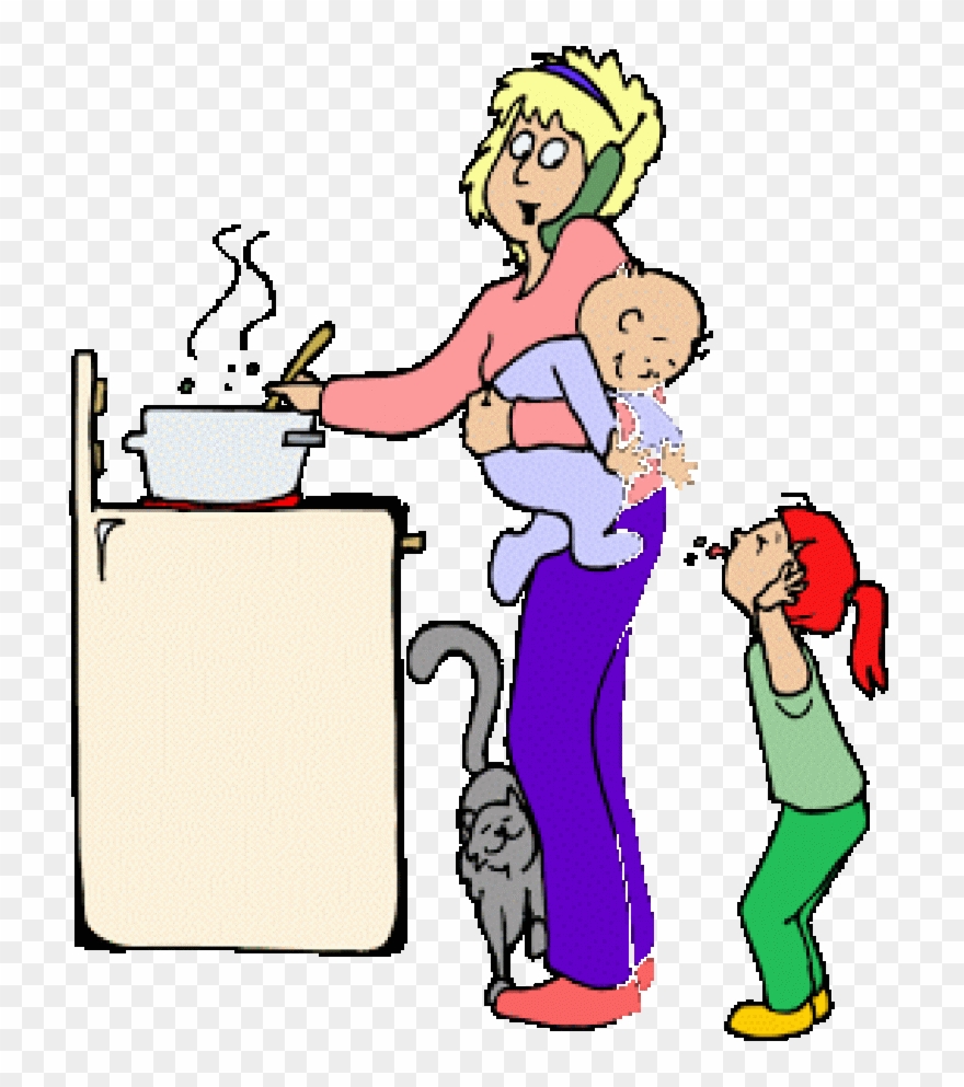 A woman cooking at the stove while holding a baby, with a child and a cat nearby.