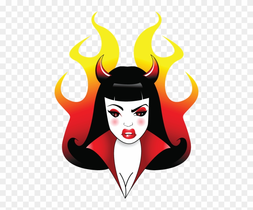 A stylized illustration of a devilish woman with black hair, red horns, and fiery flames behind her head.