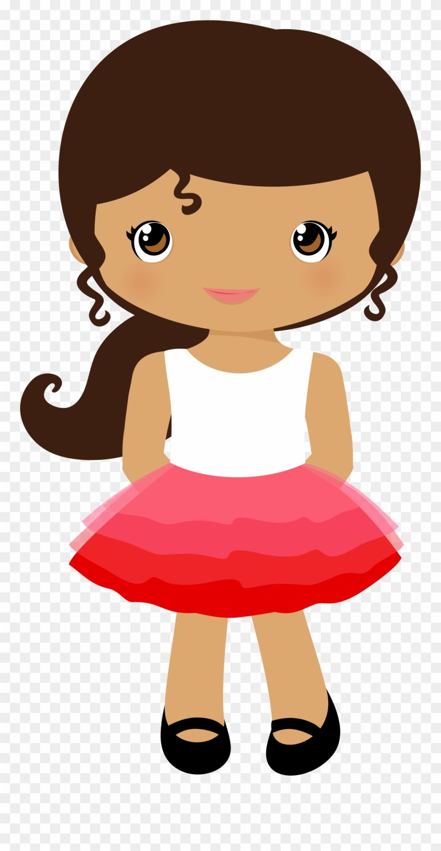 A cartoon girl with brown hair, wearing a white top and a red tutu skirt, standing with a smile.
