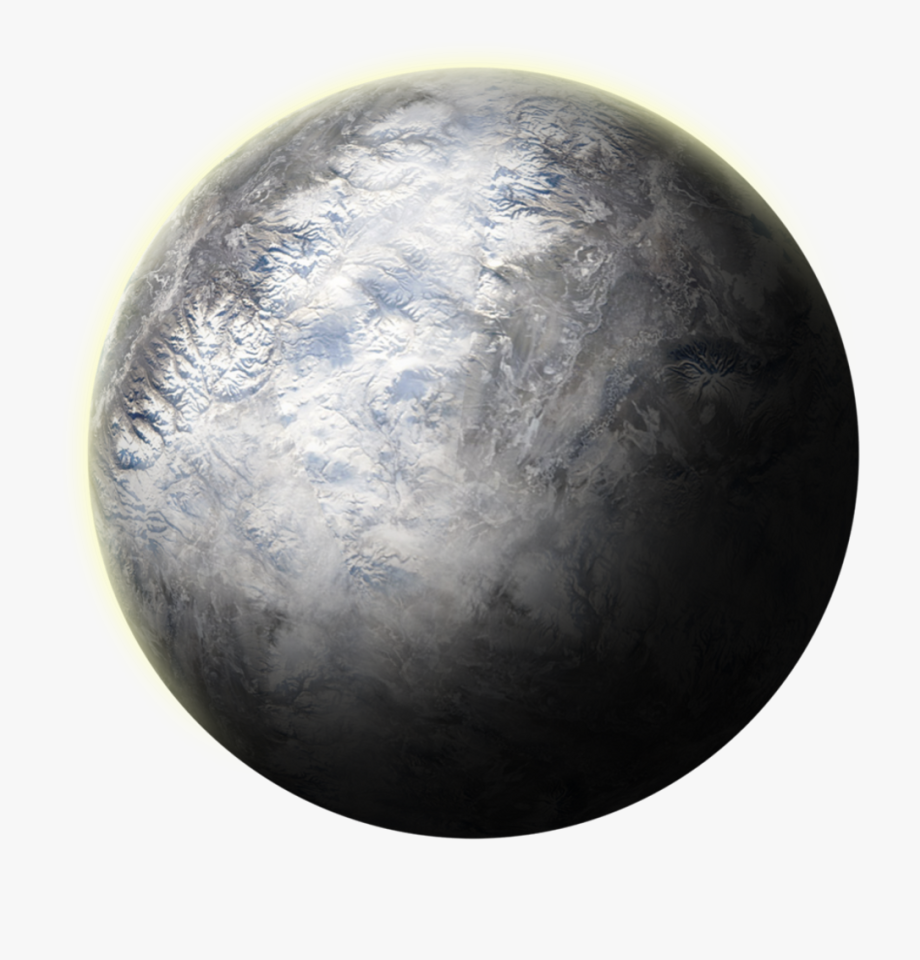 A detailed view of a planet with a textured, icy surface and a glowing yellow aura around its edge.