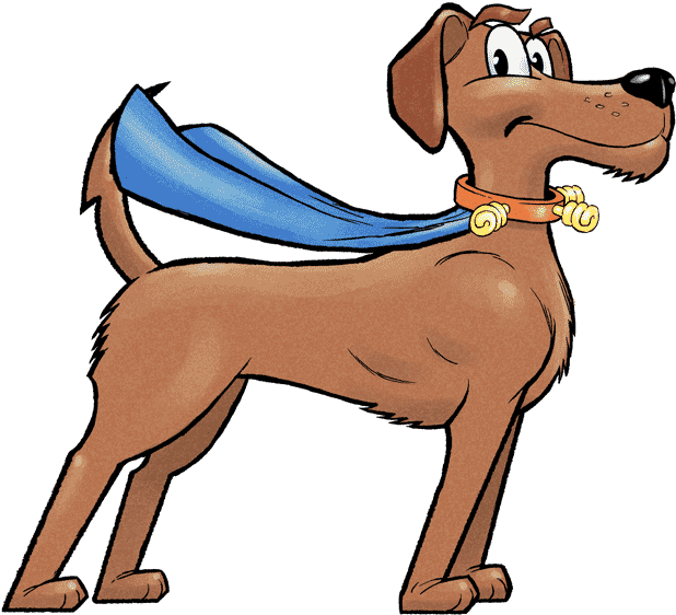 A cartoon brown dog wearing a blue superhero cape and a gold collar, standing confidently.
