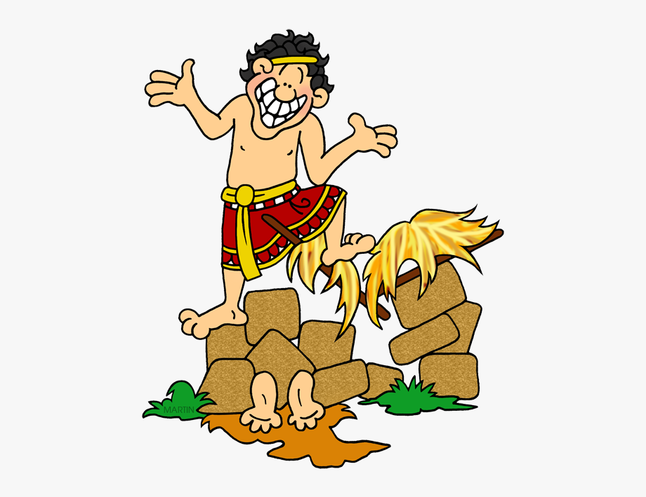 A cartoon caveman with curly hair and a yellow headband stands triumphantly on a pile of stones, wearing a red loincloth with a yellow belt, holding a torch with a flame, and smiling widely.