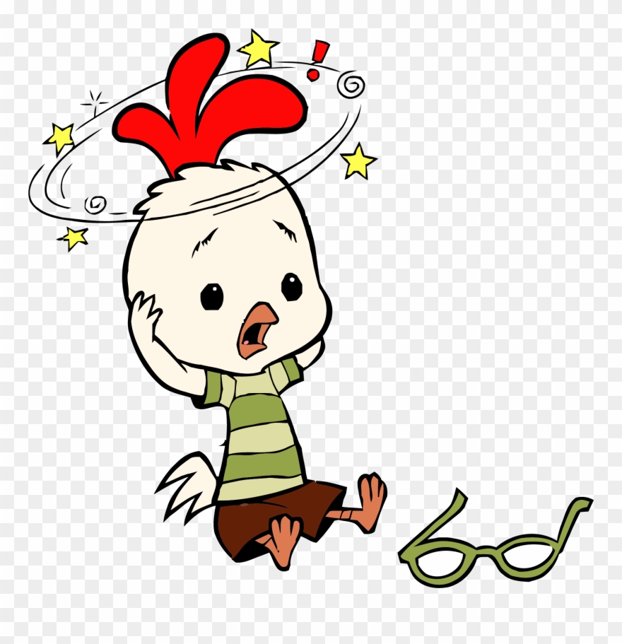 A cartoon chicken character with a red comb, wearing a green striped shirt and brown shorts, appears dizzy with stars and swirls around its head, while a pair of green glasses lies on the ground nearby.