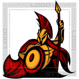 Spartan warrior mascot holding a spear and shield, wearing a red and gold helmet and armor.