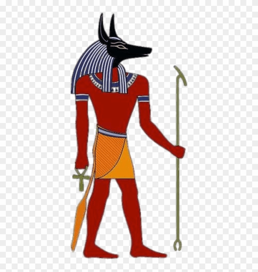 Anubis, the ancient Egyptian god with a jackal head, depicted in traditional red and yellow attire holding a staff and ankh symbol.