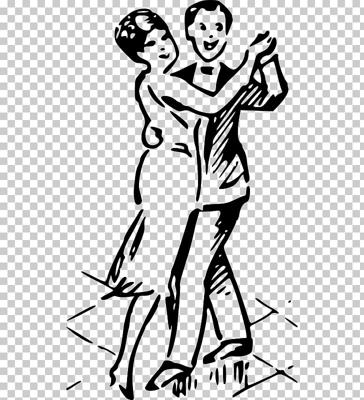 A black and white illustration of a couple dancing, with the man leading and the woman following in a classic dance pose.