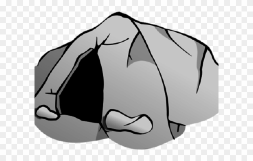 Gray cartoon-style tent with an open entrance and a small rock in front.