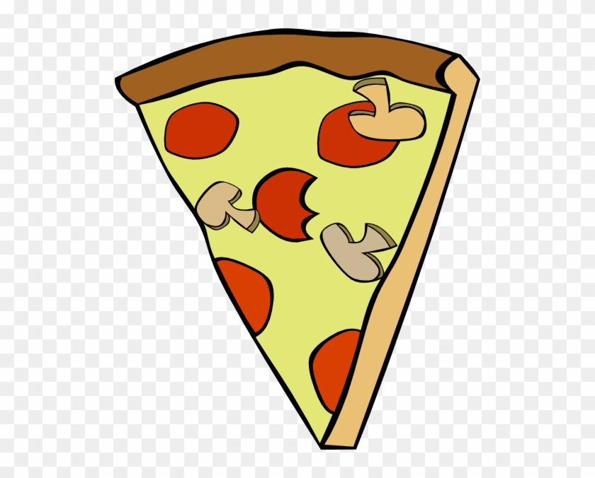A cartoon-style slice of pizza with pepperoni and mushrooms on a light green cheese base, with a brown crust.