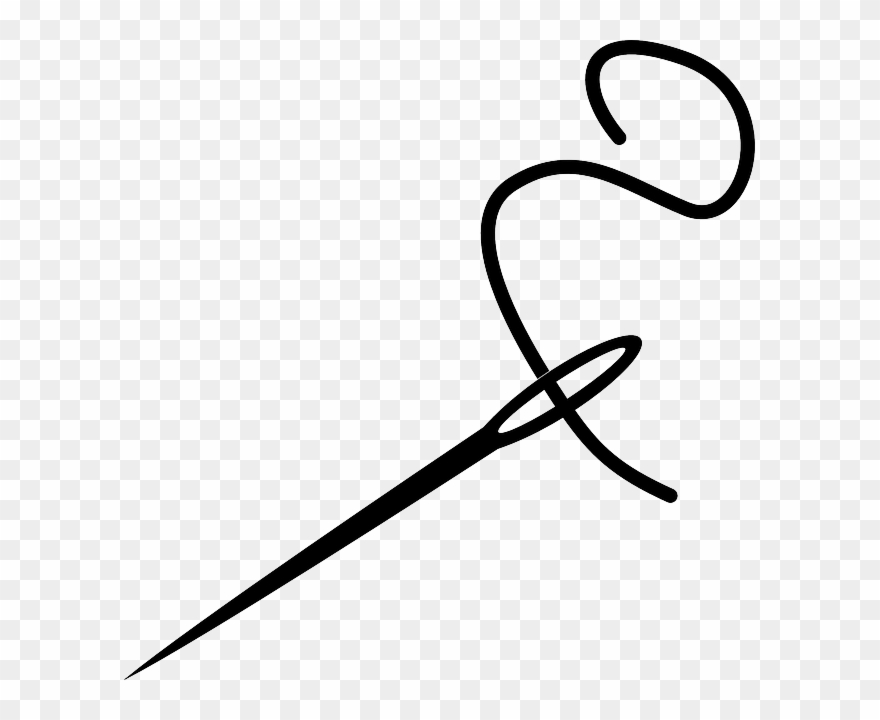 Black line drawing of a needle with thread on a transparent background