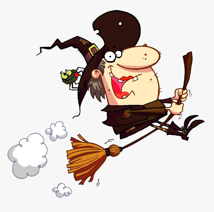 A cartoon witch with a big smile, wearing a pointed hat and riding a broomstick, with a small green creature on her shoulder and clouds trailing behind.