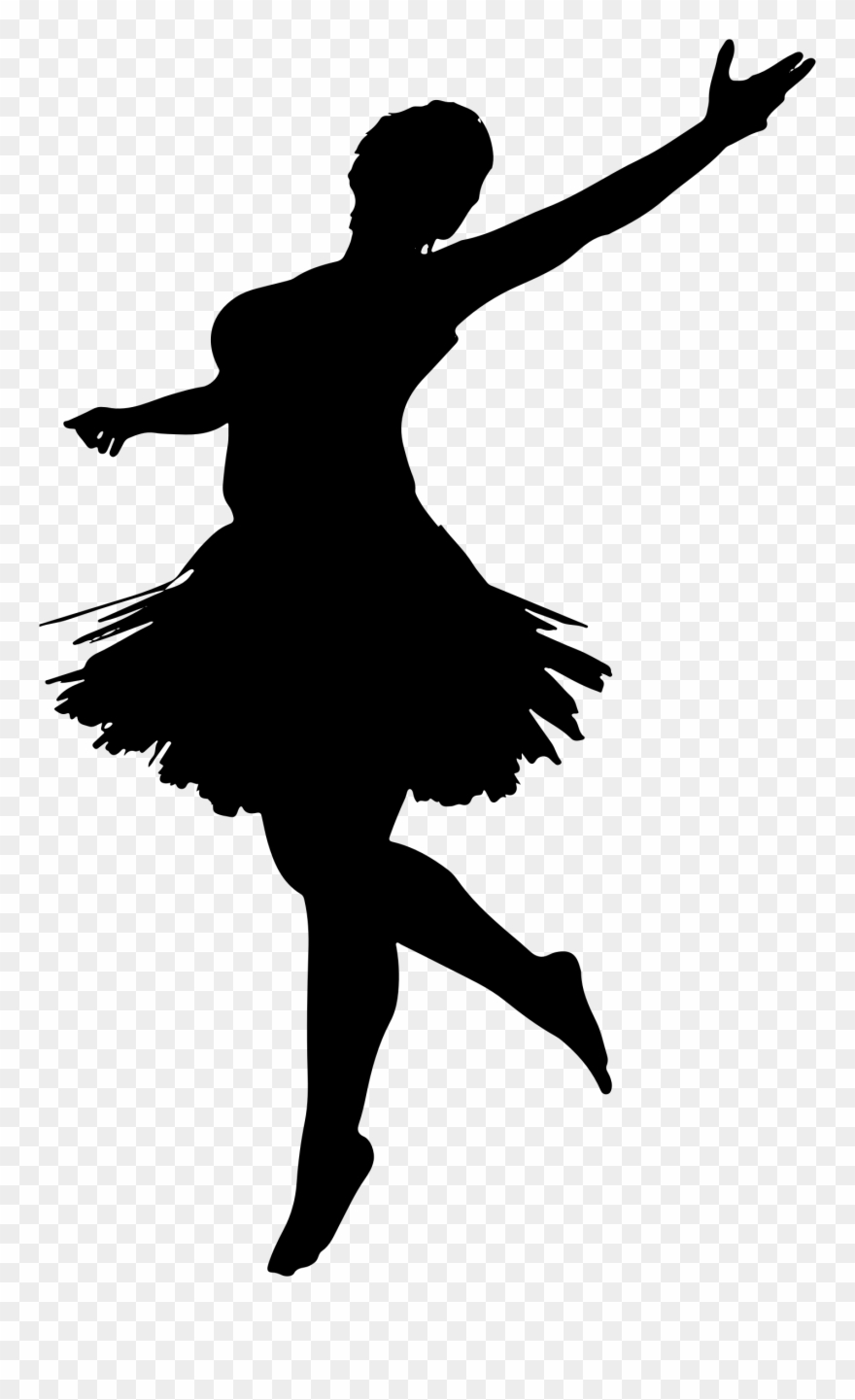 Silhouette of a ballerina in mid-dance pose, arms extended, wearing a tutu.