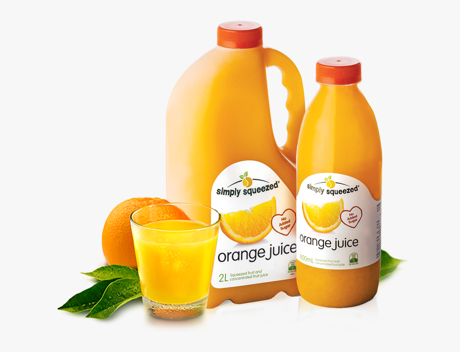 A 2L jug and 800mL bottle of Simply Squeezed orange juice with a glass of juice, fresh oranges, and green leaves on a white background.