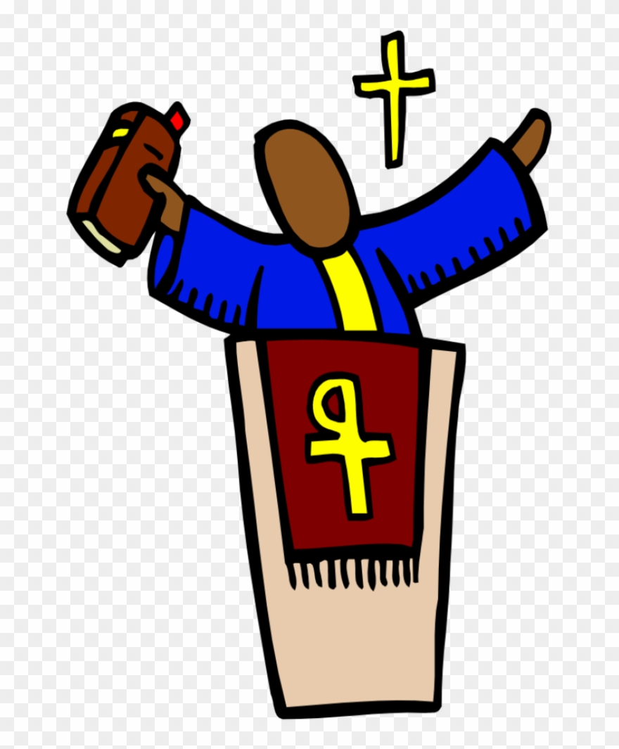 A cartoon illustration of a person in a blue robe standing at a pulpit with a Bible and a cross, arms raised in worship.