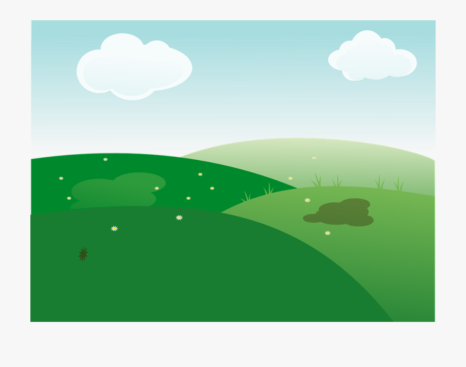 A serene landscape with rolling green hills, white clouds in a blue sky, and small white flowers scattered across the grass.