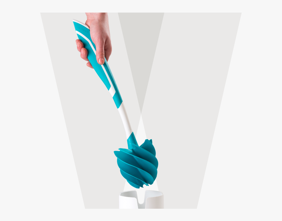A hand holding a teal and white spiral cleaning brush, inserting it into a white container.