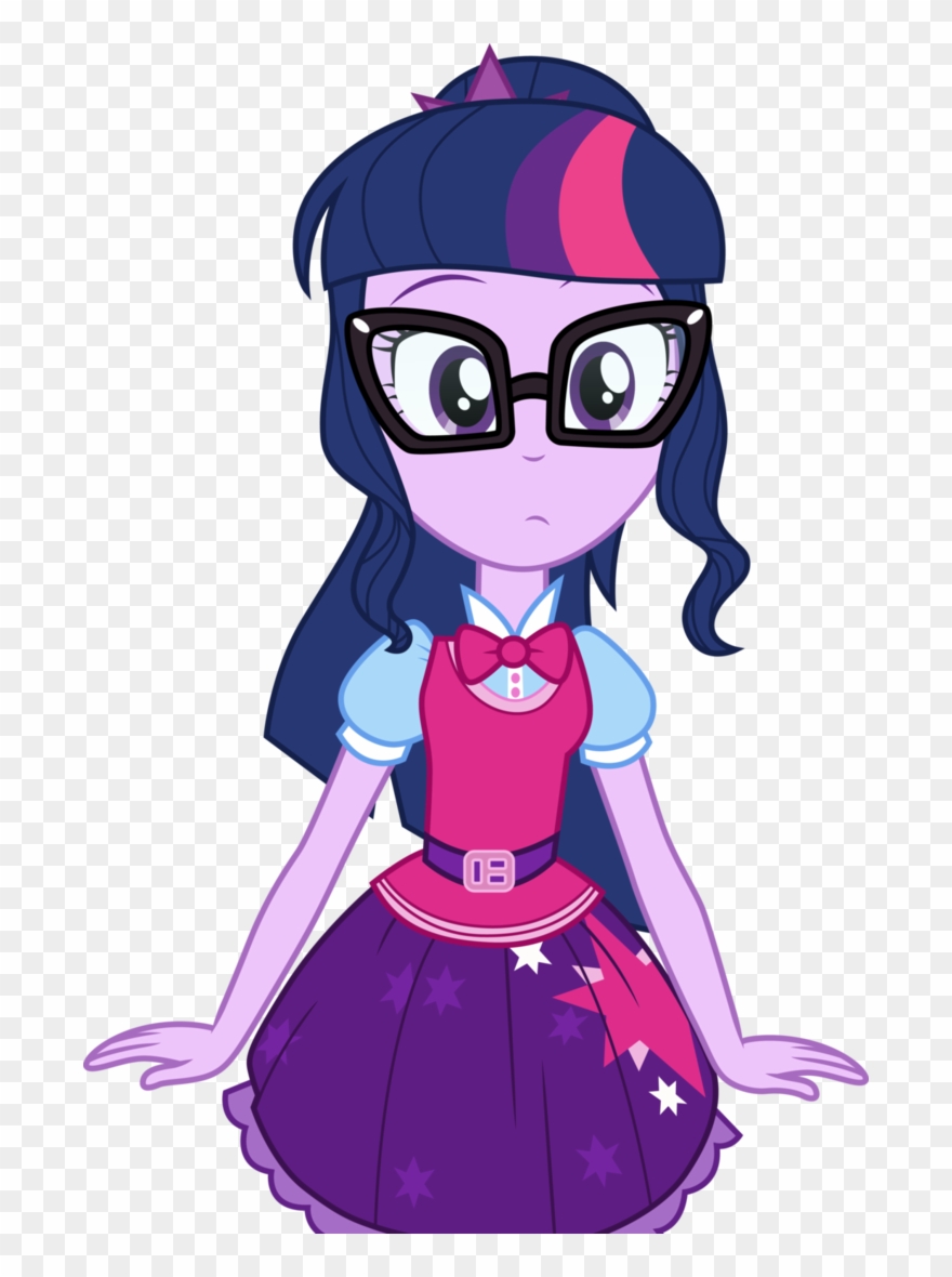 Twilight Sparkle from My Little Pony: Equestria Girls wearing glasses and a pink and purple dress with stars.